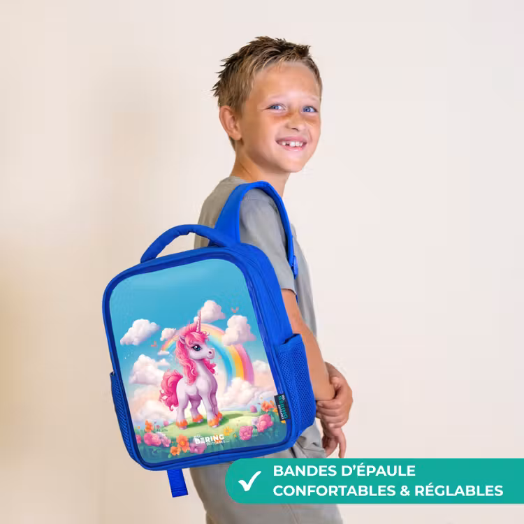 Sac à dos enfant - Bleu - Licorne joyeuse devant un arc-en-ciel — 4