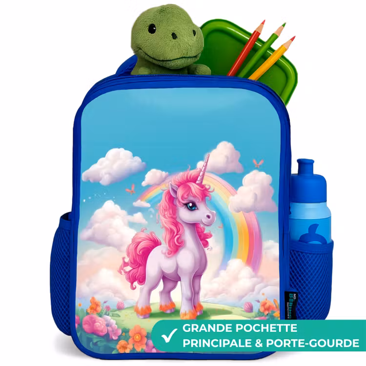 Sac à dos enfant - Bleu - Licorne joyeuse devant un arc-en-ciel — 5