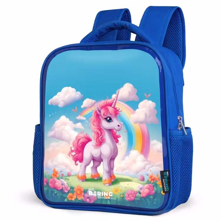 Sac à dos enfant - Bleu - Licorne joyeuse devant un arc-en-ciel — 7