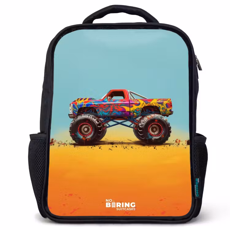 Sac à dos enfant - Noir - Camion monstre avec impression de graffiti dans le sable — 1
