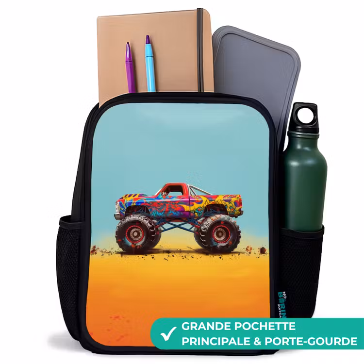 Sac à dos enfant - Noir - Camion monstre avec impression de graffiti dans le sable — 10