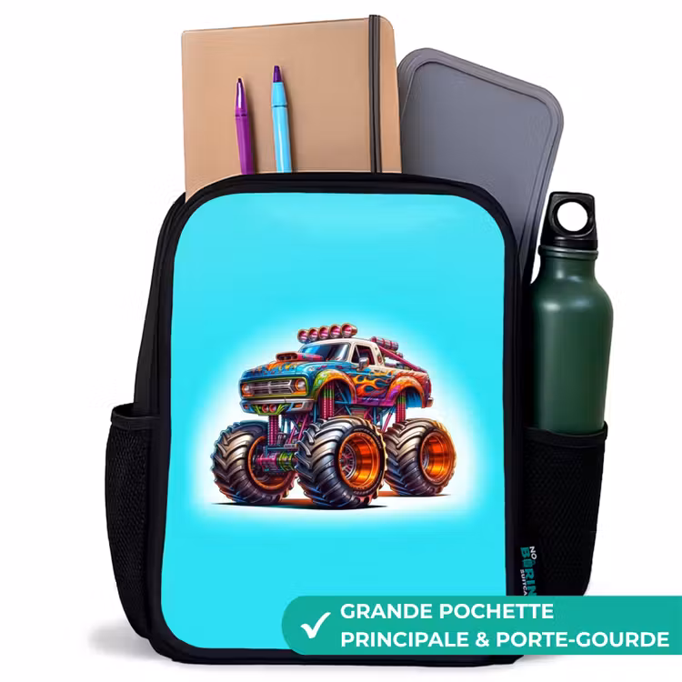 Sac à dos enfant - Noir - Camion monstre sur fond bleu clair — 10