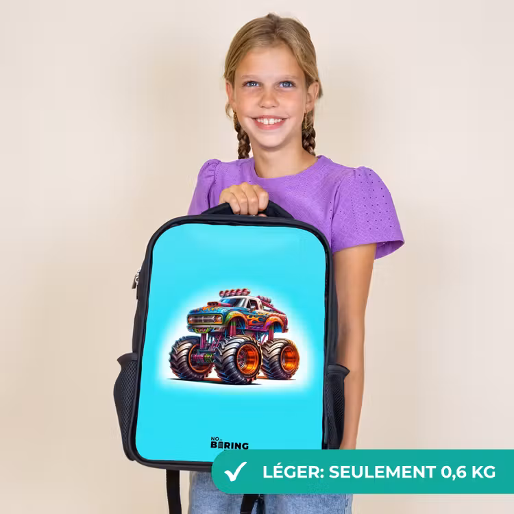 Sac à dos enfant - Noir - Camion monstre sur fond bleu clair — 9