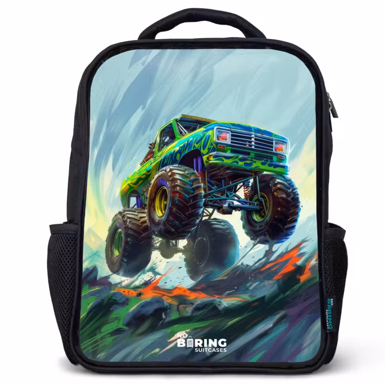 Sac à dos enfant - Noir - Camion monstre vert avec coups de pinceau — 1