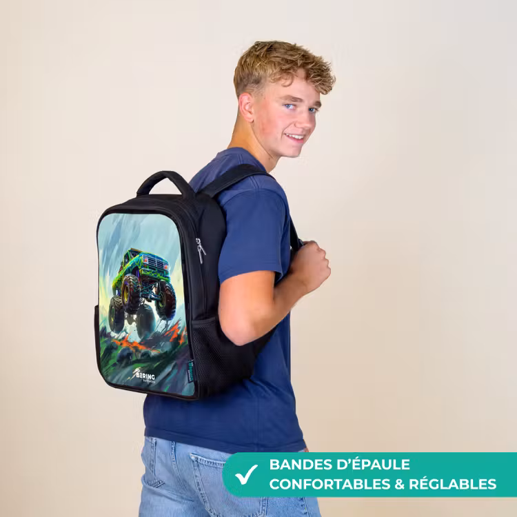 Sac à dos enfant - Noir - Camion monstre vert avec coups de pinceau — 11