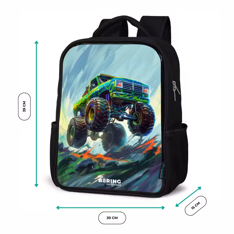 Sac à dos enfant - Noir - Camion monstre vert avec coups de pinceau — 8