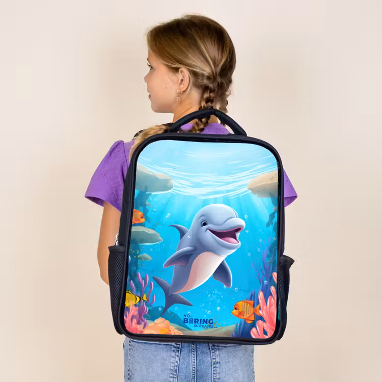 Sac à dos enfant - Noir - Dauphin avec poissons tropicaux et corail — 4