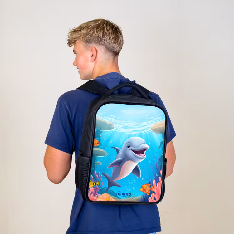 Sac à dos enfant - Noir - Dauphin avec poissons tropicaux et corail — 5