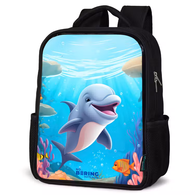 Sac à dos enfant - Noir - Dauphin avec poissons tropicaux et corail — 6