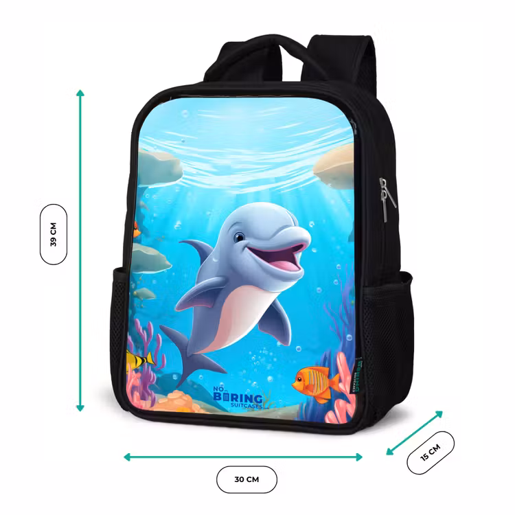 Sac à dos enfant - Noir - Dauphin avec poissons tropicaux et corail — 8