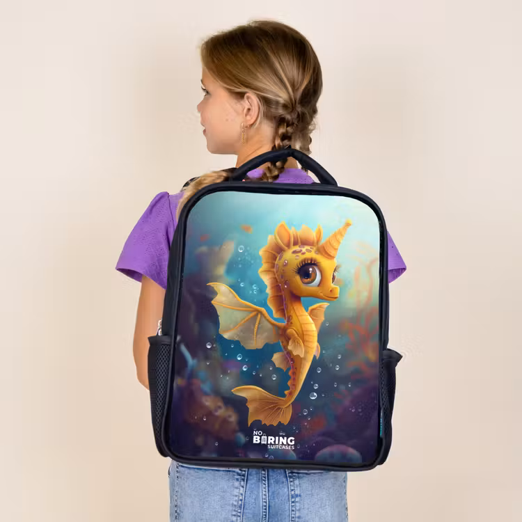 Sac à dos enfant - Noir - Hippocampe orange dans l'eau — 4