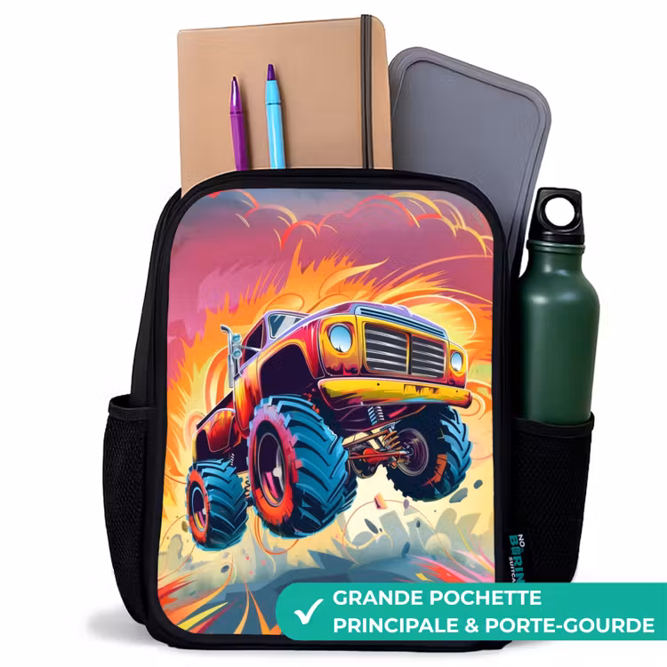 Sac à dos enfant - Noir - Le Monster Truck rose survole l'asphalte — 10