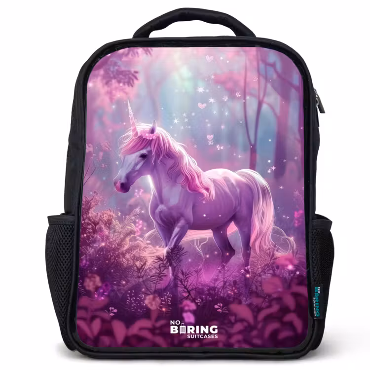 Sac à dos enfant - Noir - Licorne entourée de nature violette — 1