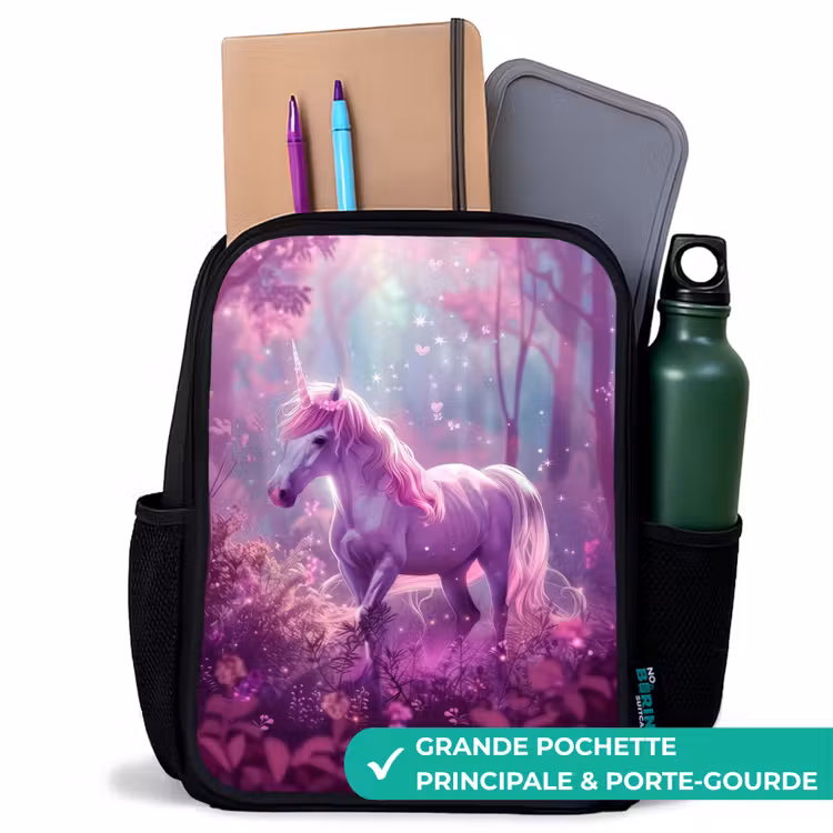 Sac à dos enfant - Noir - Licorne entourée de nature violette — 10