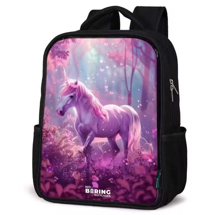 Sac à dos enfant - Noir - Licorne entourée de nature violette — 6