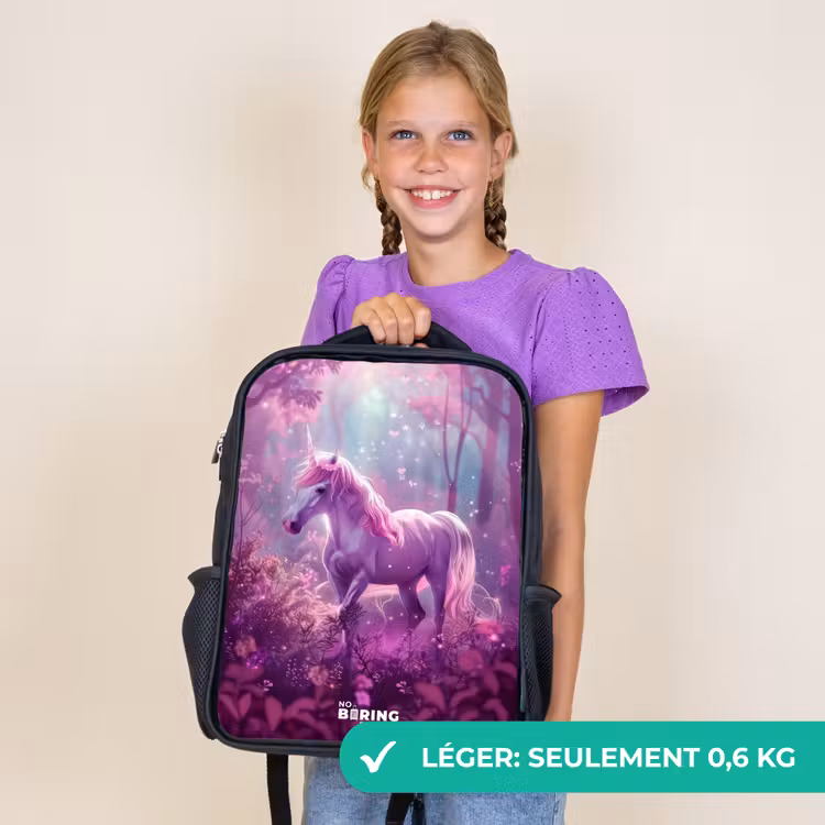 Sac à dos enfant - Noir - Licorne entourée de nature violette — 9
