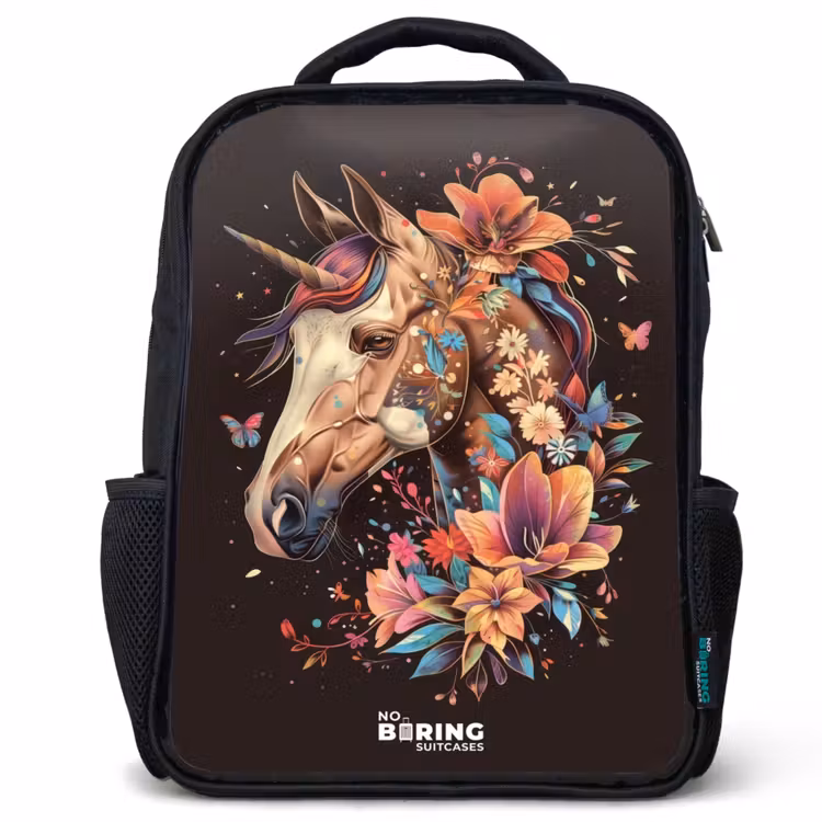 Sac à dos enfant - Noir - Licorne et fleurs sur fond noir — 1