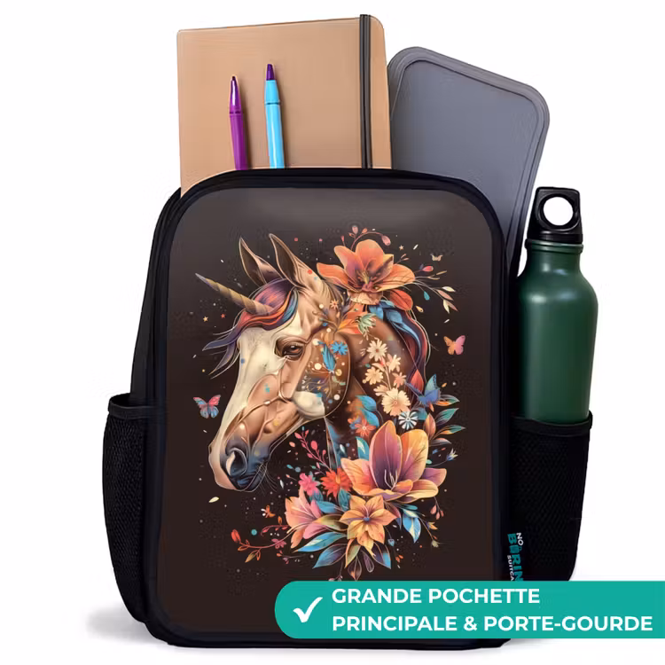 Sac à dos enfant - Noir - Licorne et fleurs sur fond noir — 10