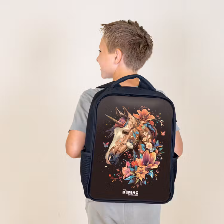 Sac à dos enfant - Noir - Licorne et fleurs sur fond noir — 2