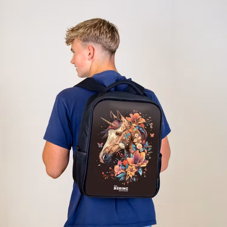 Sac à dos enfant - Noir - Licorne et fleurs sur fond noir — 5