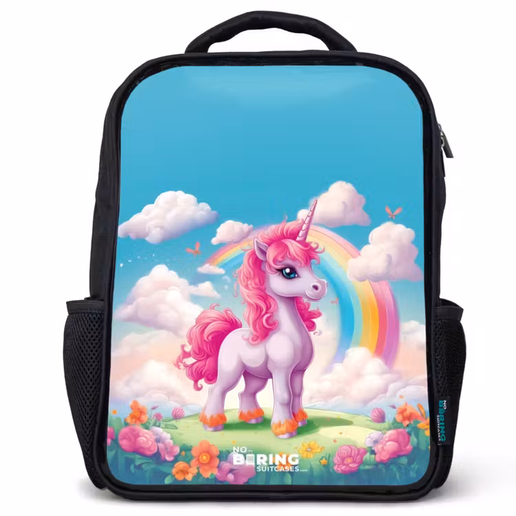 Sac à dos enfant - Noir - Licorne joyeuse devant un arc-en-ciel — 1