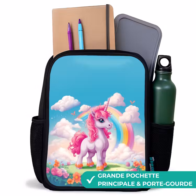 Sac à dos enfant - Noir - Licorne joyeuse devant un arc-en-ciel — 10