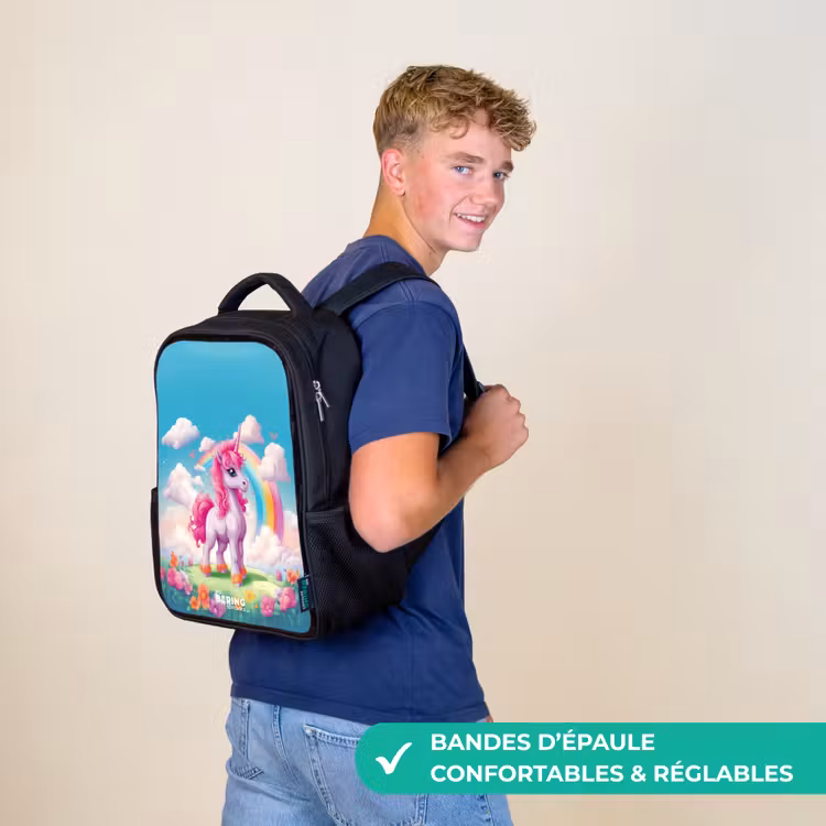 Sac à dos enfant - Noir - Licorne joyeuse devant un arc-en-ciel — 11
