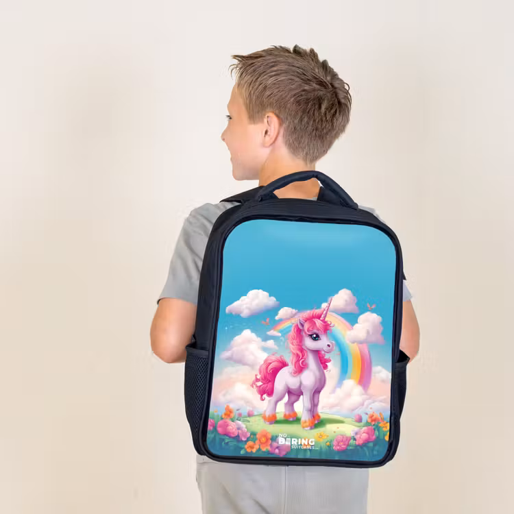 Sac à dos enfant - Noir - Licorne joyeuse devant un arc-en-ciel — 2