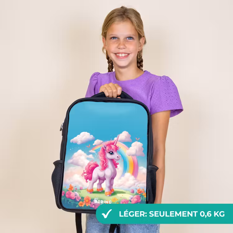 Sac à dos enfant - Noir - Licorne joyeuse devant un arc-en-ciel — 9