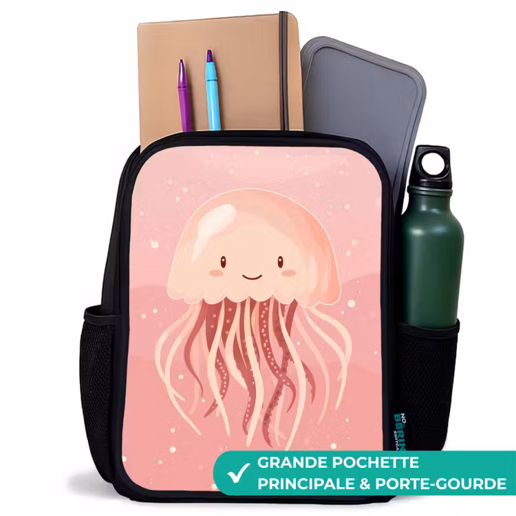 Sac à dos enfant - Noir - Méduse rose avec visage — 10