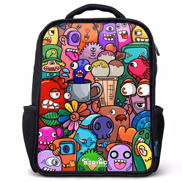 Sac à dos enfant - Noir - Motif de monstres, de fleurs et de glaces — 1