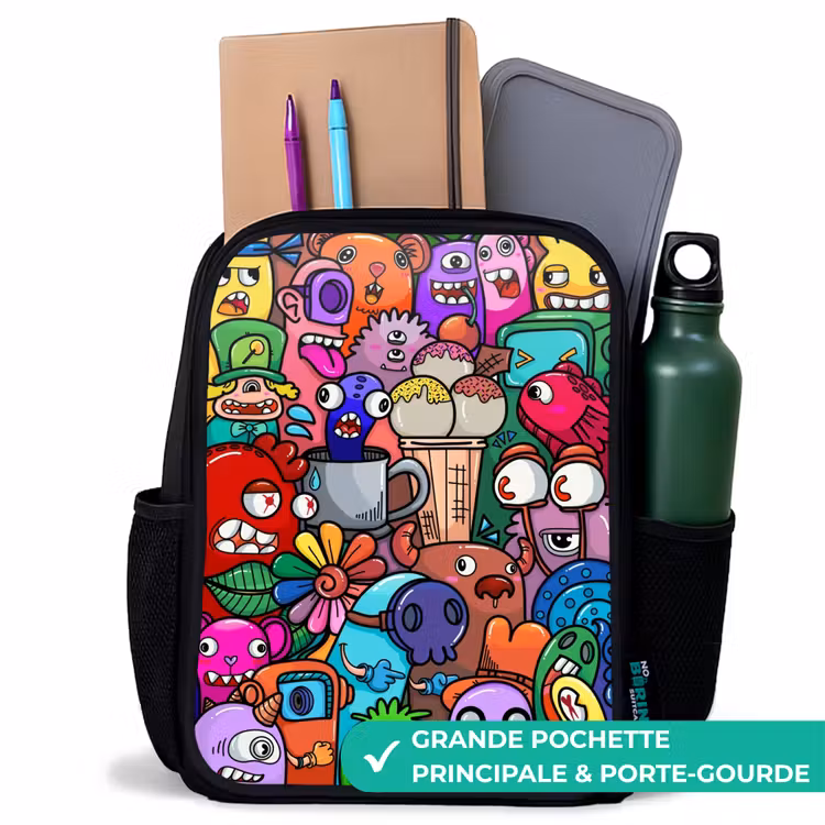 Sac à dos enfant - Noir - Motif de monstres, de fleurs et de glaces — 10