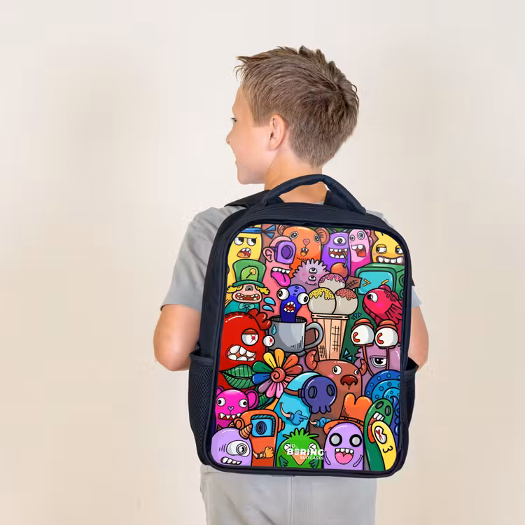 Sac à dos enfant - Noir - Motif de monstres, de fleurs et de glaces — 2