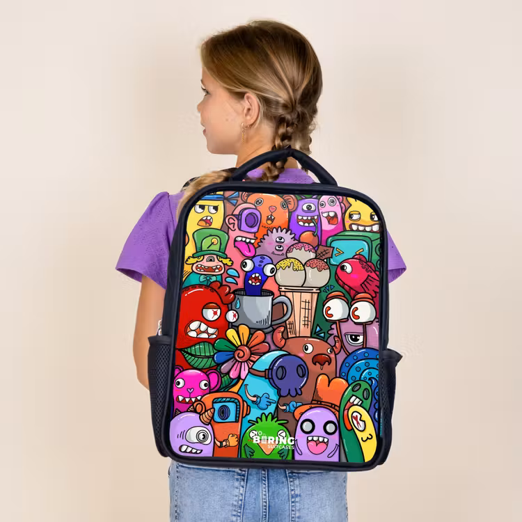 Sac à dos enfant - Noir - Motif de monstres, de fleurs et de glaces — 4