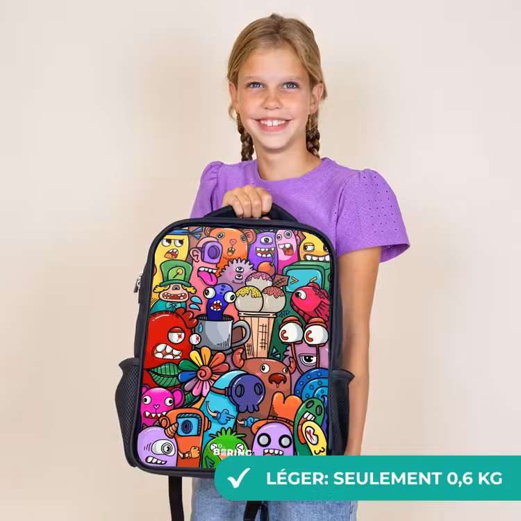 Sac à dos enfant - Noir - Motif de monstres, de fleurs et de glaces — 9