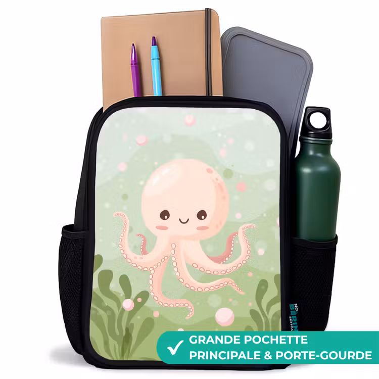 Sac à dos enfant - Noir - Pieuvre rose avec un sourire — 10