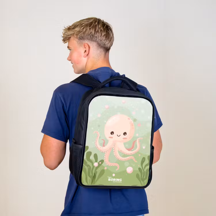 Sac à dos enfant - Noir - Pieuvre rose avec un sourire — 5