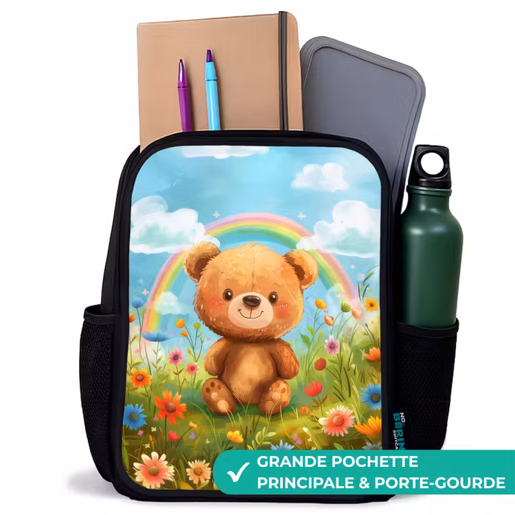 Sac à dos enfant - Noir - Ours en peluche parmi les fleurs — 10