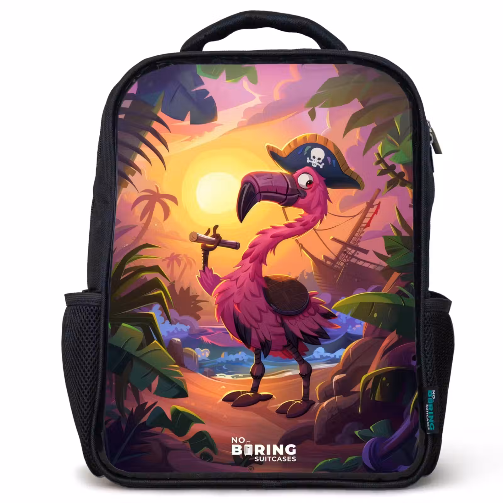 Sac à dos enfant - Noir - Flamant pirate sur une piste tropicale — 1
