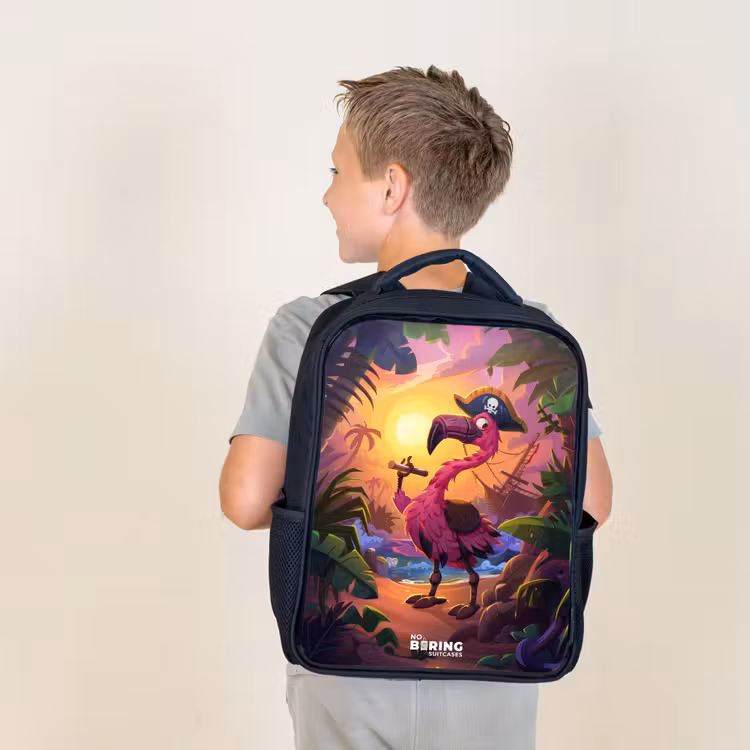 Sac à dos enfant - Noir - Flamant pirate sur une piste tropicale — 2