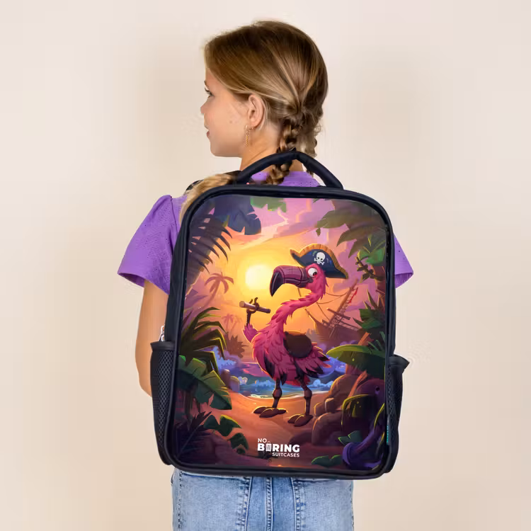 Sac à dos enfant - Noir - Flamant pirate sur une piste tropicale — 4
