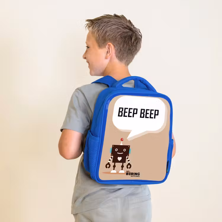 Sac à dos enfant - Bleu - Robot marron foncé avec un texte — 2