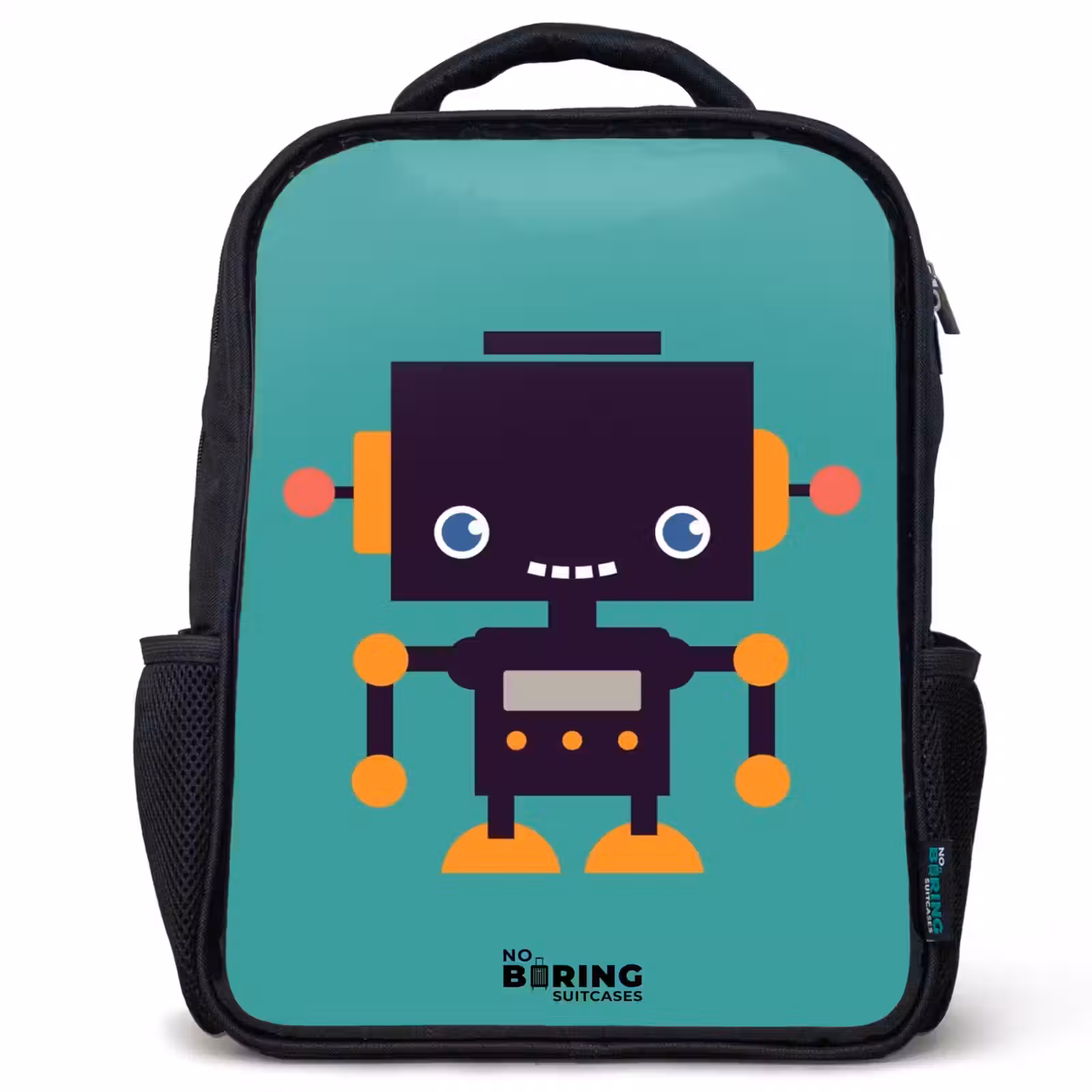Sac à dos enfant - Noir - Robot noir aux accents orange sur fond bleu — 1