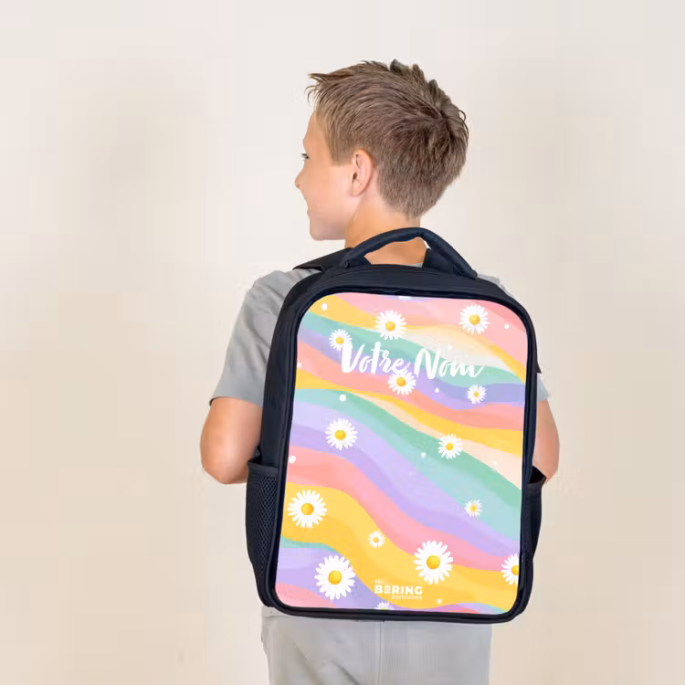 Sac à dos enfant - Noir - Marguerites sur fond d'arc-en-ciel — 2