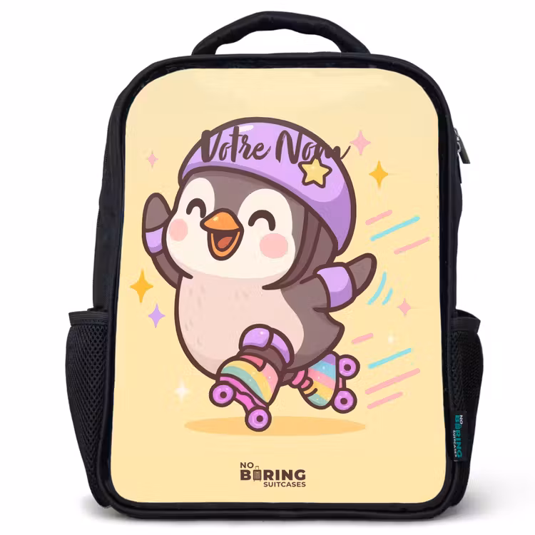 Sac à dos enfant - Noir - Kawai - Pingouin - Patins à roulettes — 1