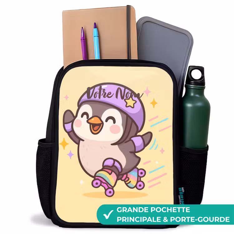 Sac à dos enfant - Noir - Kawai - Pingouin - Patins à roulettes — 10