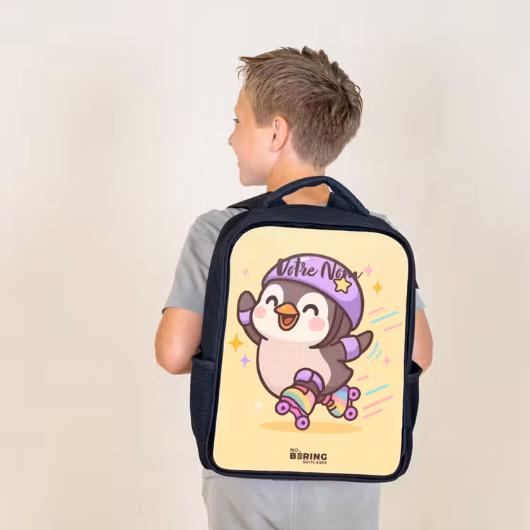 Sac à dos enfant - Noir - Kawai - Pingouin - Patins à roulettes — 2