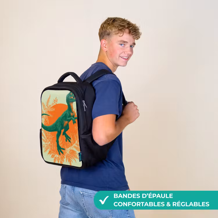 Sac à dos enfant - Noir - Dinosaure - Vert - Plantes - Cercle — 11