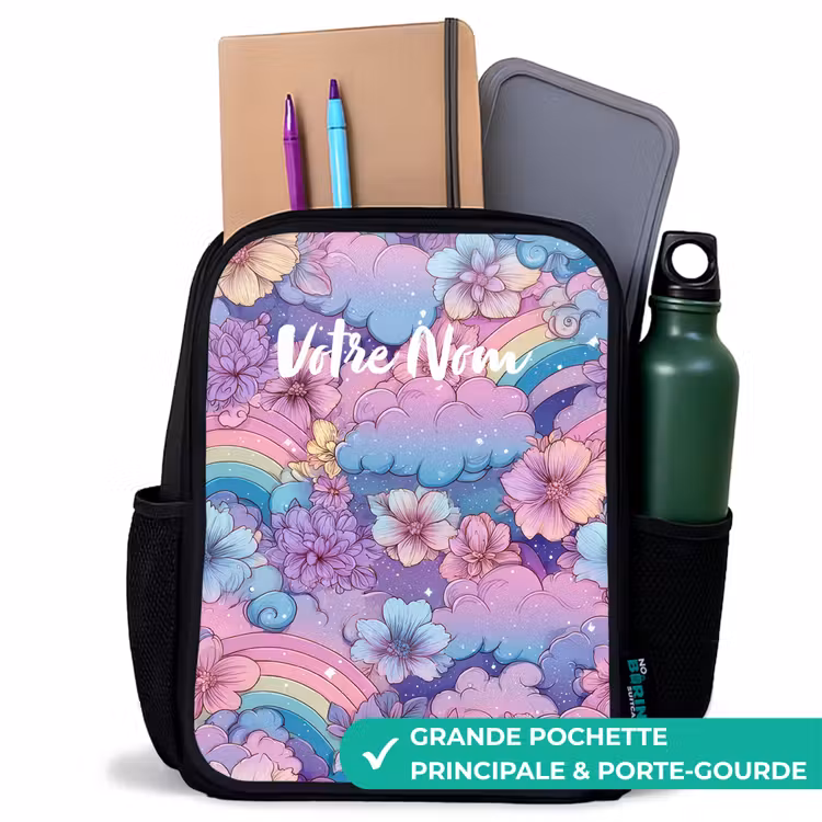 Sac à dos enfant - Noir - Illustration de nuages, d'arcs-en-ciel et de fleurs — 10