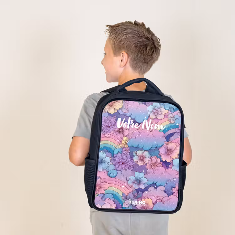 Sac à dos enfant - Noir - Illustration de nuages, d'arcs-en-ciel et de fleurs — 2